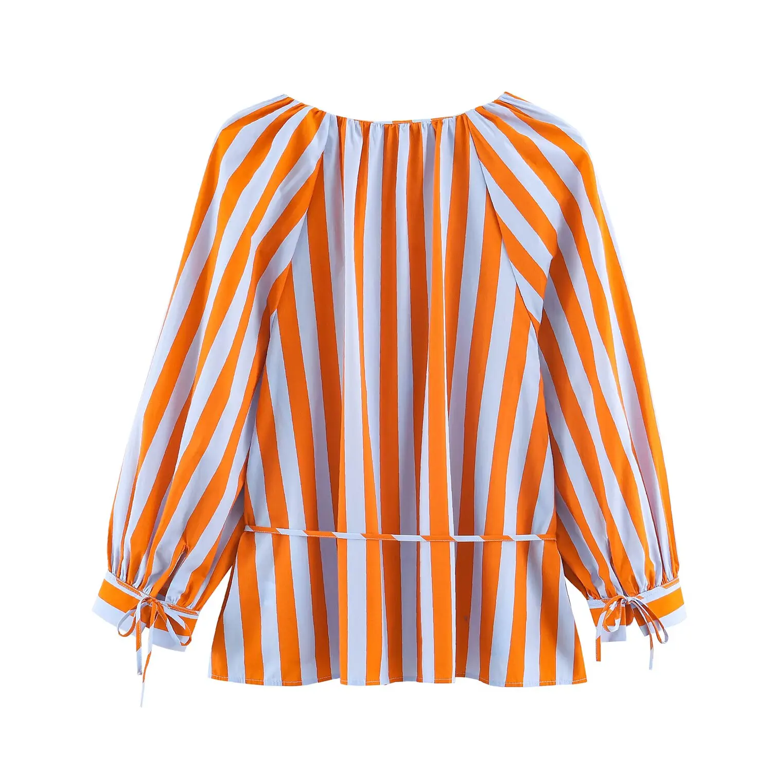 KLKXMYT Damenmode Gestreifte Hemden & Blusen Tops Elegante Schicke Hemden Damenbluse mit gebundenem V-Ausschnitt Herbst-Top mit Handgelenksärmeln ﻿ ﻿ – Detail 5