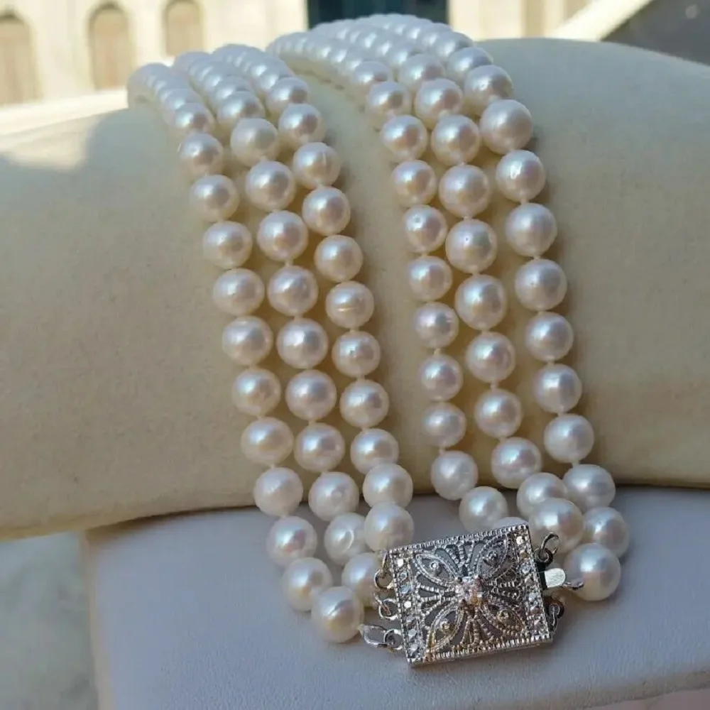Classic 3-Row Natural AAA7-8mm Round South Sea Round White Pearl Necklace 925s 18.19.20 inch