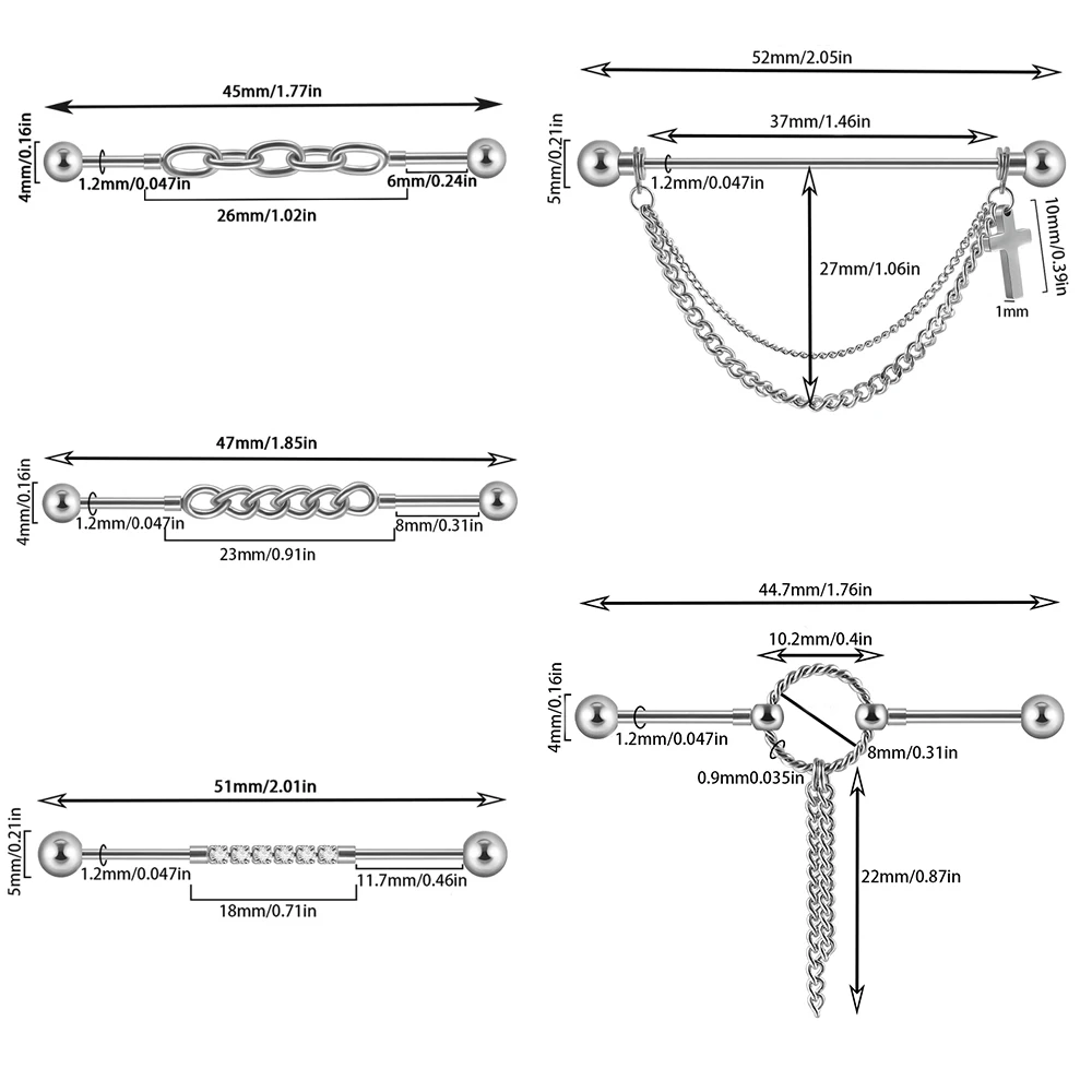1/2 قطعة سلسلة الغضروف الفولاذ المقاوم للصدأ الحديد الصناعي إدراج الزركون أقراط مستقيم الحديد الزنمة اللولب ثقب المجوهرات #6