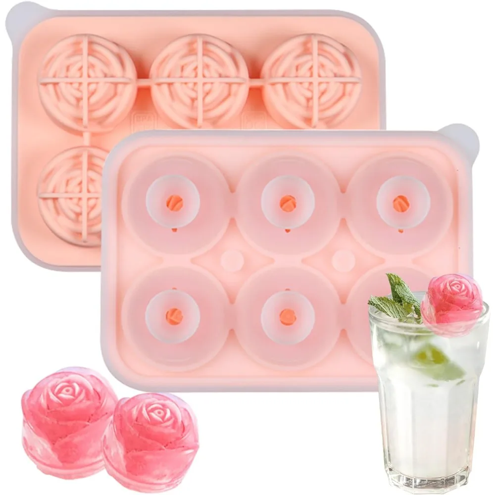 

2 Pack 3D Rose Ice Cube Molds, Ice Cube Trays for Freezer with Lid, 6 Grid Silicone Easy Release Ice Trays, Cute Flower Rose Ic