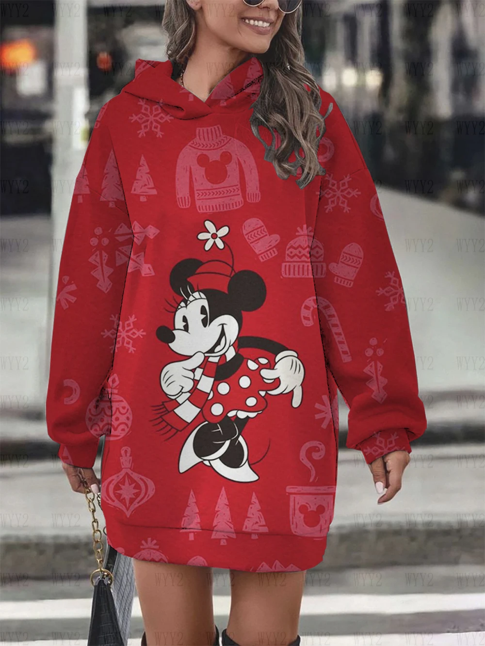 

Disney Mickey Mouse and Minnie Pullover Sweatshirt Printed Casual Cartoon Hoodie Sweater Dress Fashion Street Style Dress