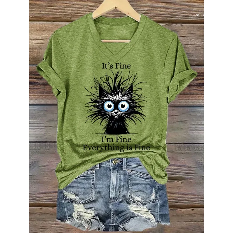 ilstile Women's Cat Print T-Shirts Summer Short Sleeve Casual Loose V Neck Tops Tees White Green Hot Sale