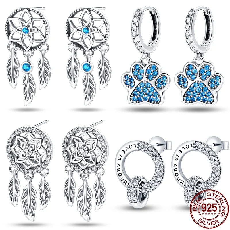 New Luxurious 100% 925 Sterling Silver Original Charms Dream Catcher Earrings For Women Fit Engagement Anniversary Jewelry Gifts