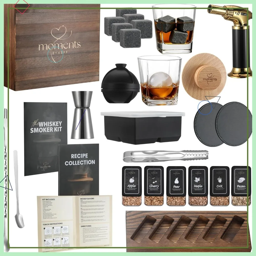 

Premium Whiskey Smoker Kit with Torch, Wooden Box, Glasses, Coasters & Accessories for Home Bar