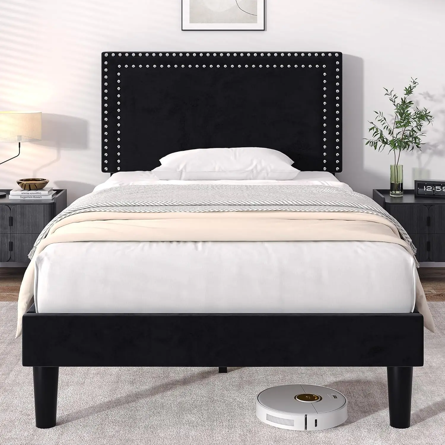 Twin Size Platform Bed Frame with Adjustable Upholstered Headboard, Modern Mattress Foundation, Strong Wood Slat Support