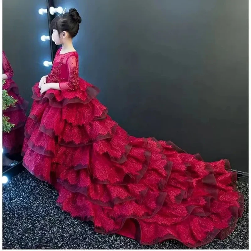 Lace 3D Flowers Applique Beads Puffy Tulle Flower Girl Dresses Princes Ball Gown First Communion Prom Fashion 2023