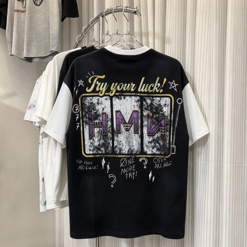 Black White Patchwork Sleeves Summer HARMONY Tshirt Retro Graffiti Fade Letter Hotfix Rhinestone Cotton Short Sleeve Men Women