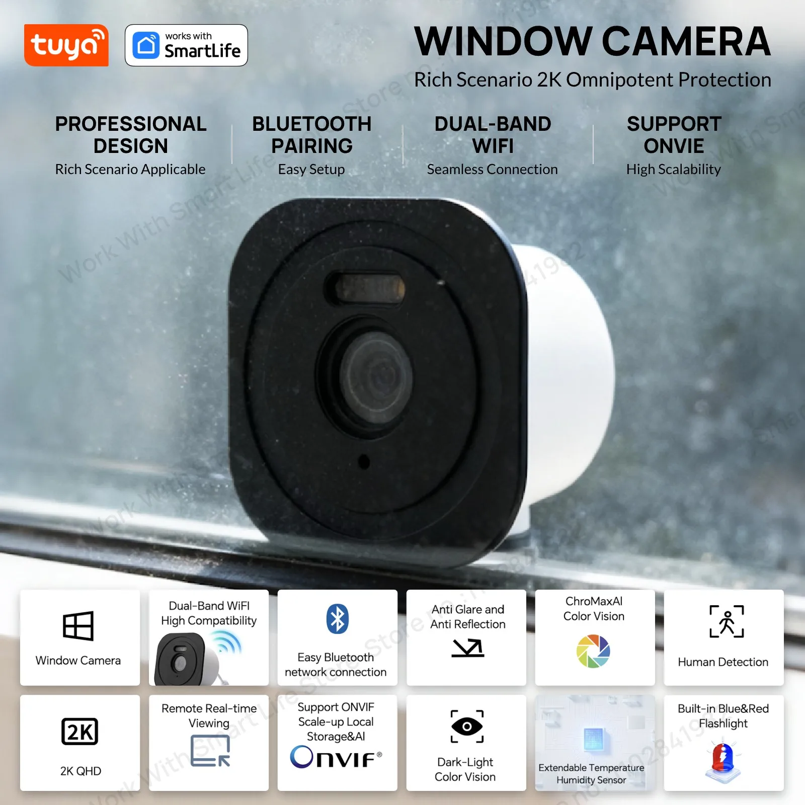 Tuya Smart  Window Camera-Replaces Outdoor Camera,2.4/5GHz WiFi | 3MP HD | Full-Color Night Vision Thru Window For Home Security