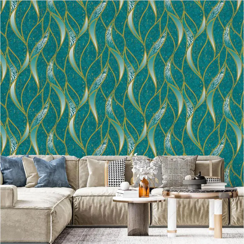 Modern Simple Water - Ripple PVC Embossed Wallpapers, Peacock Blue Dark Grey Creamy Wave Striped Design Room Decoration