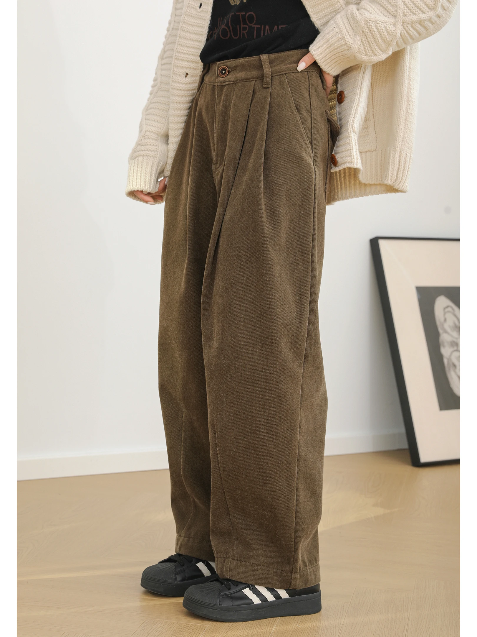 

Теплые широкие брюки для женщин, свободного кроя, из двустороннего шенилла, в стиле ретро, с высокой талией, повседневные брюки