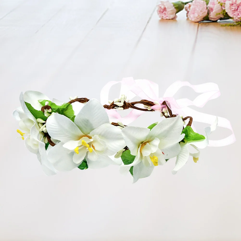 Crown Lily Wreaths Bridal Floral Headdress Headband for Girls Miss Hair Ribbons