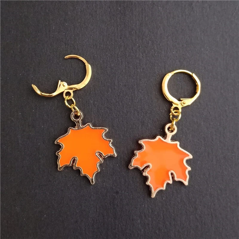 Maple Leaf Earrings Beautiful Enamel Hoop Earrings, Leaves Jewelry for Nature Lover