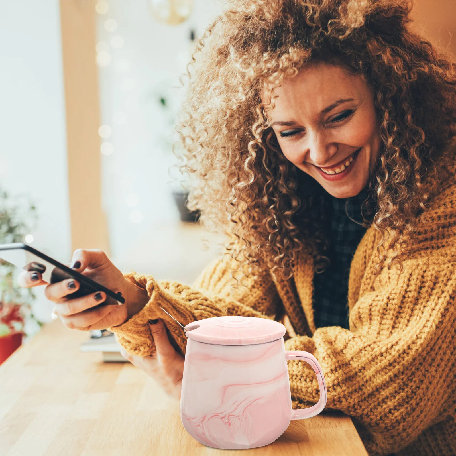 

Large Capacity Marble Print Ceramic Mug Pair Comfortable Handle Daily Use Cup for Coffee Tea Milk Holiday