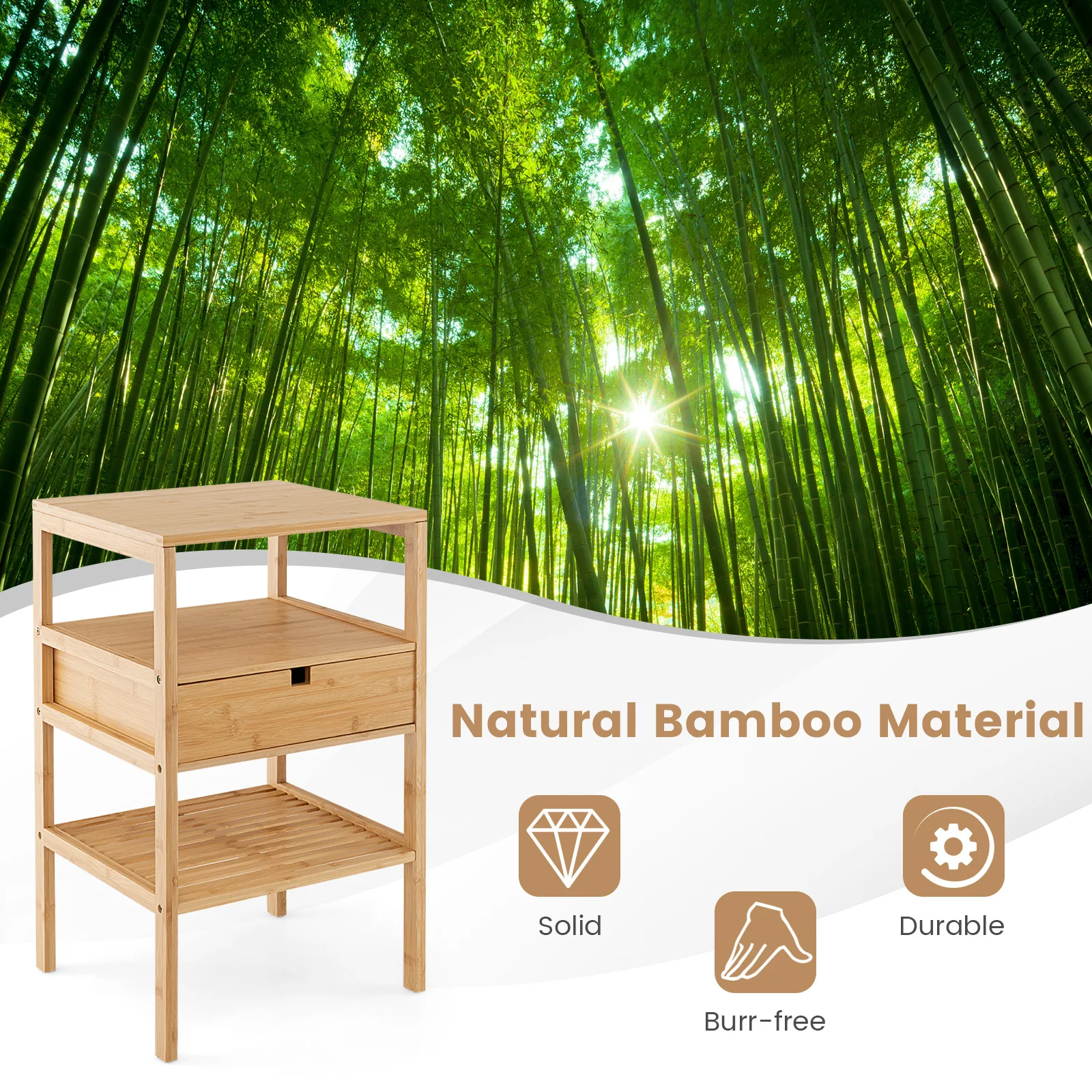 Nightstands de bambu com gaveta pull-out, prateleira de madeira natural, conjunto de 2