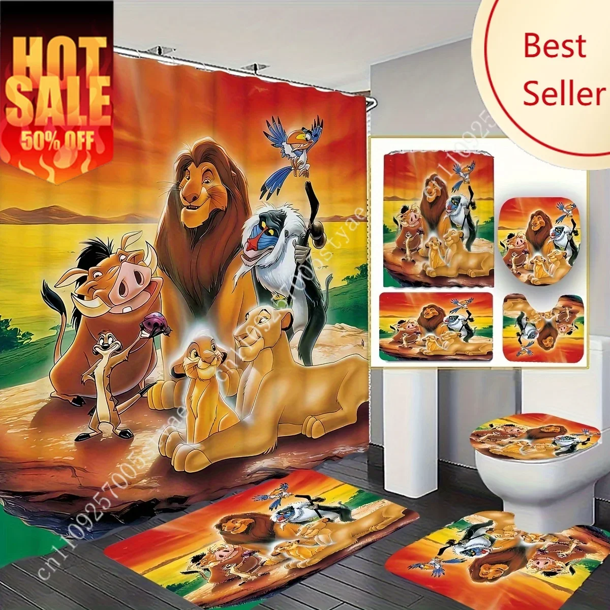 

The Lion King Shower Curtain Set Disney Cartoon Decoration Gifts non-slip Floor Mats Toilet Seat Cover Movie Themed 4pcs Set