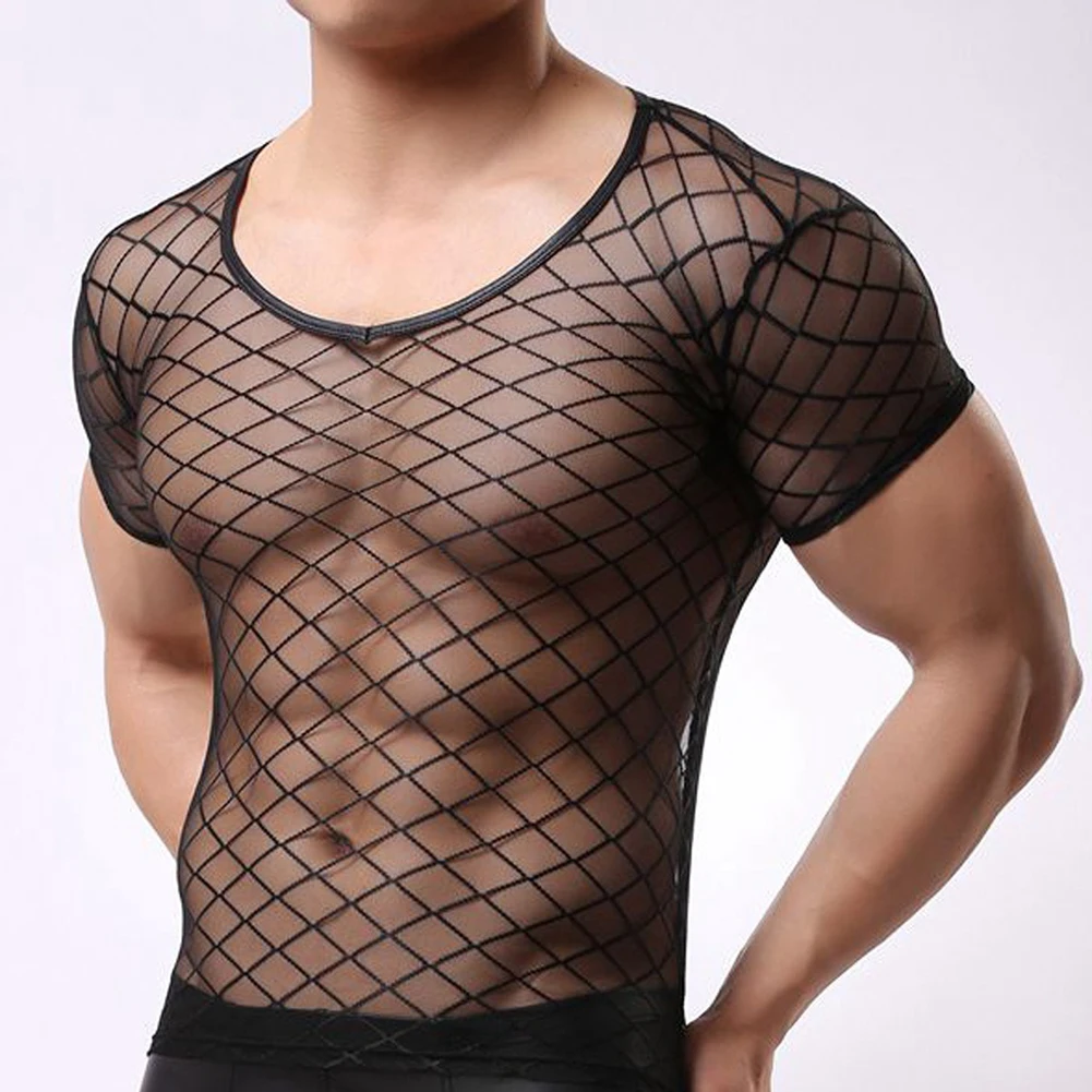Mens Mesh See Through Shirt Undershirt Sheer Net Sleeveless Top Sexy Lingerie T Shirt Summer Transparent Open Knit Inner Wear