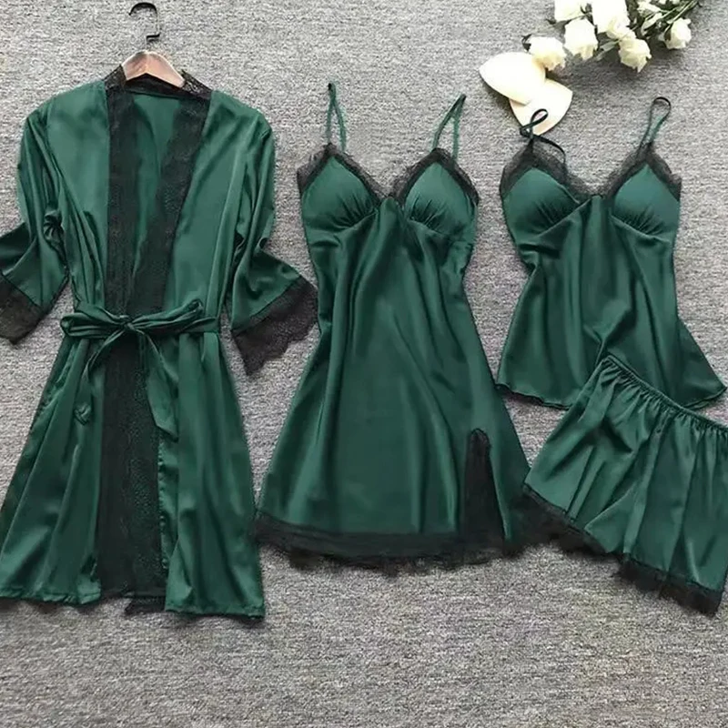 4PCS Sleepwear Pajamas Set Silk Women Nightdress Lace Dress Robe Sleep Nightwear Silk Solid Color Pijama Sets