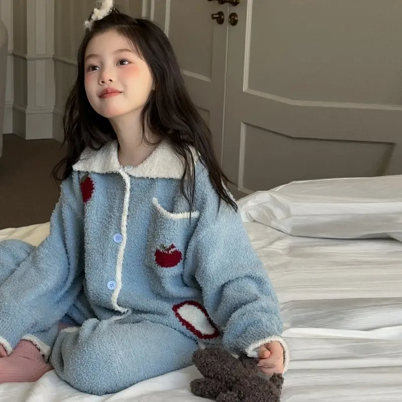 

Girls' Thickened Warm Pajamas Set 2025 Autumn and Winter New Middle-aged and Older Children's Lapel Loungewear Winter Clothing