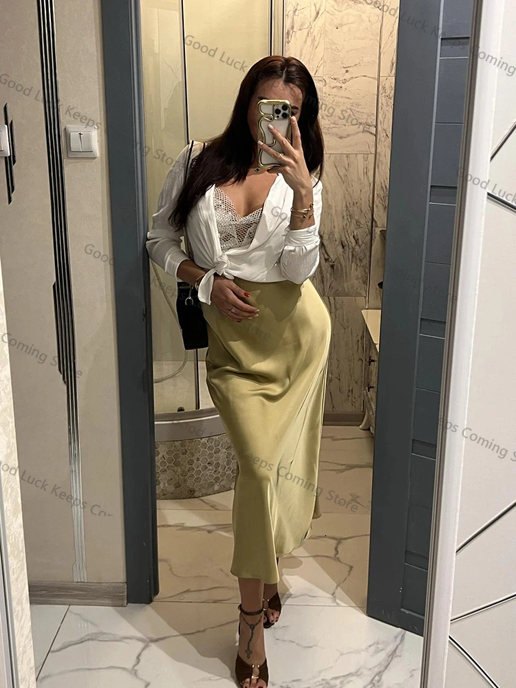 

Модная атласная вечерняя длинная юбка с высокой талией, однотонная повседневная базовая женская юбка, юбка «рыбий хвост», шикарная летняя женская одежда 2025