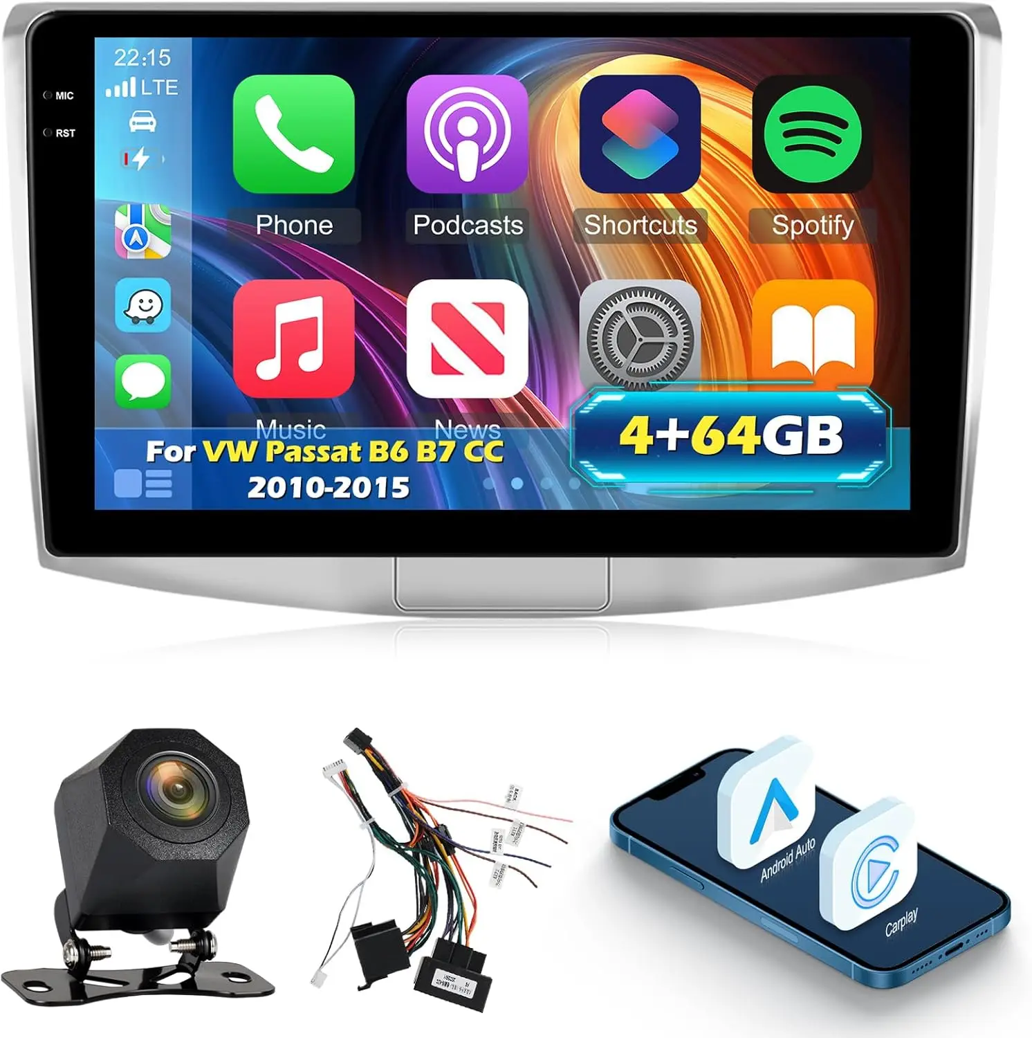 ستيريو سيارة 10 بوصة لسيارة VW Passat B6 B7/Magotan CC 2010-2015 - Android 15، 4G+64GB، CarPlay/Android Auto اللاسلكي، WiFi 5 جيجا هرتز، GPS