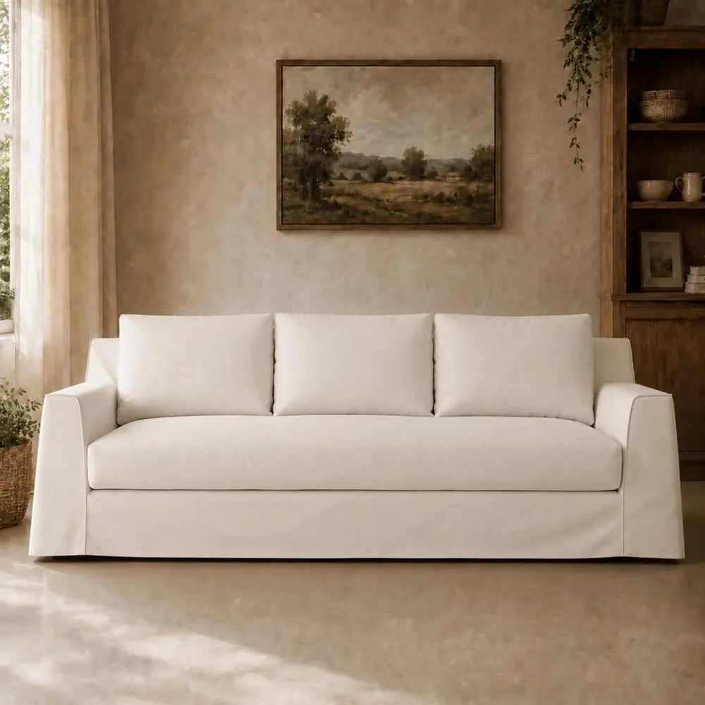 

110" ern Slipcovered Soa with One-Piece Easy Removable Washable Linen Style Blend abric Slipcover, Deep Seat Upholstered White C