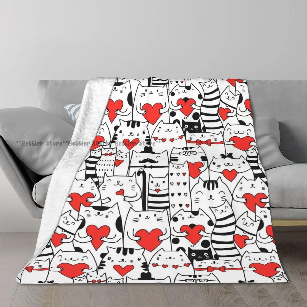 Soft Warm Flannel Blanket Black White Cats Holding Hearts Travel Portable Thin Bed Sofa Blanket