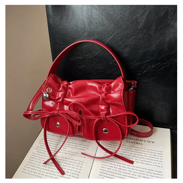 Small square bag folded bow decoration 2024 new fashion one shoulder crossbody bag