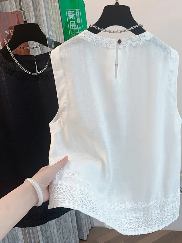 레이스 트림 자수 리넨 민소매 조끼 루즈 라운드넥 여름 상의 여성 패션 편안하고 통기성 좋은 캐주얼웨어