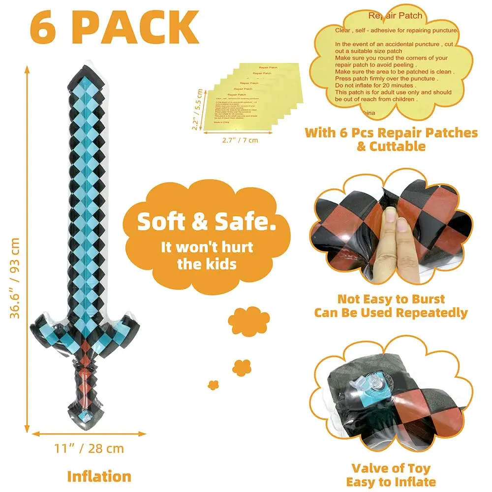 37 ''jouets gonflables arme Pixel diamant épées pour Pixel cadeaux de fête, paquet de 6 armes à couteau épée gonflable pour Halloween Carniva