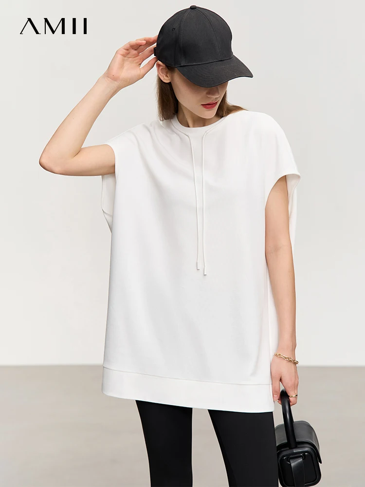 AMII Minimalism Loose T Shirt for Women 2023 Summer New Cool Feeling Casual Short Sleeves Solid Top Women Female Tees 12342431