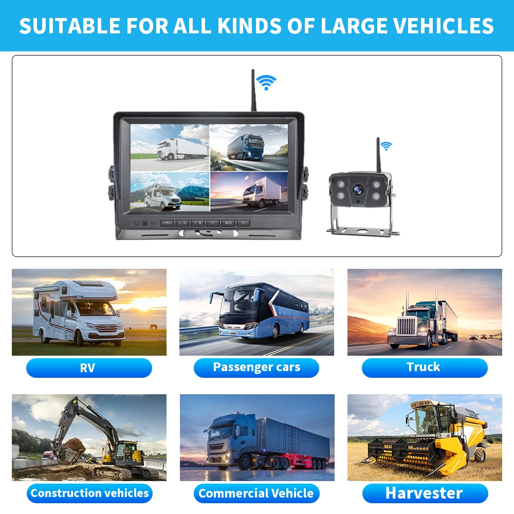 YWX  9'' AHD Digital Wireless Car Rear View Camera Kit Reversing Aid Night Vision IPS for Truck Bus 12V-24V BSD Loop Recording