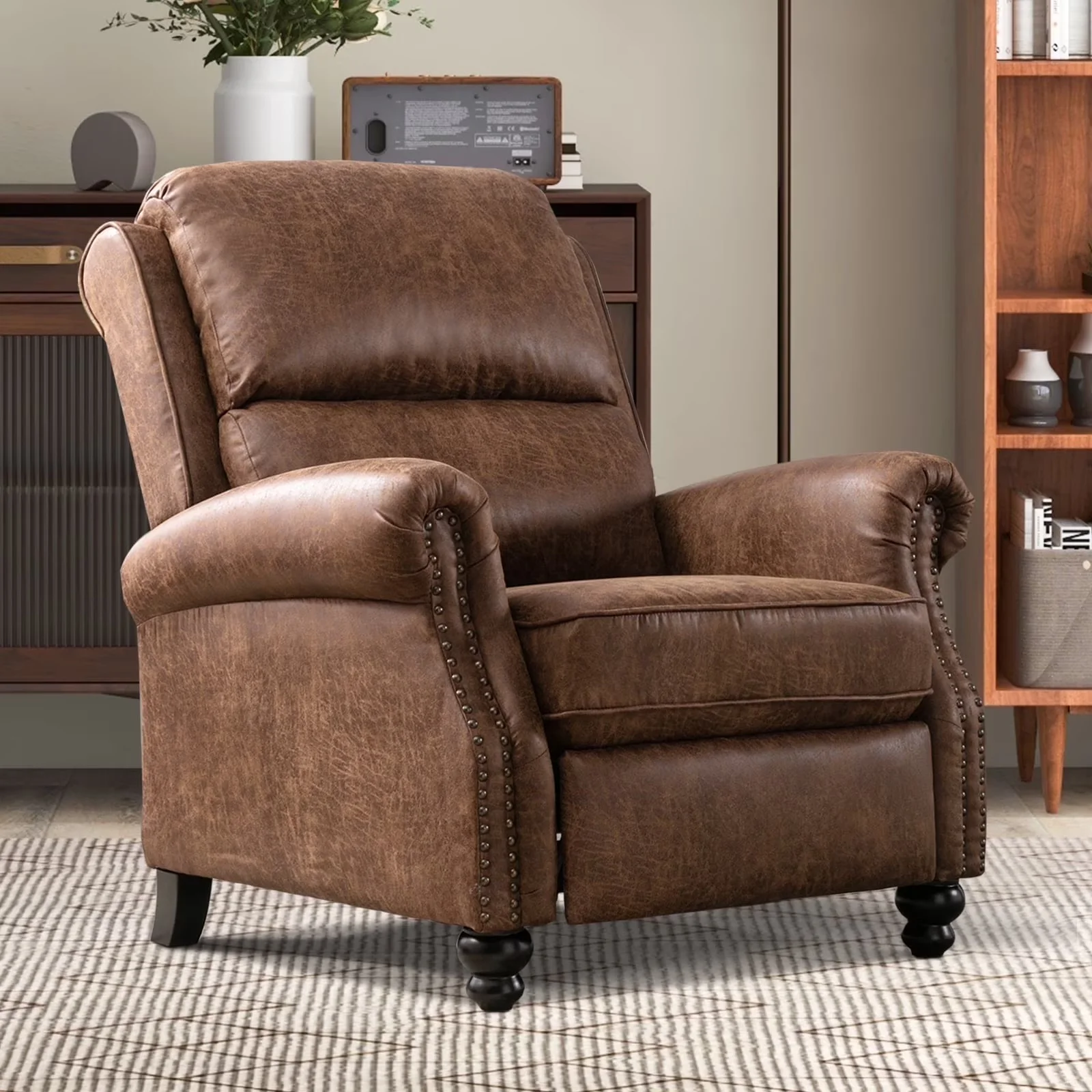 Pushback Recliner Chair Faux Leather Armchair Push Back Recliner with Rivet Decoration Single Sofa Accent Chair for Living Room