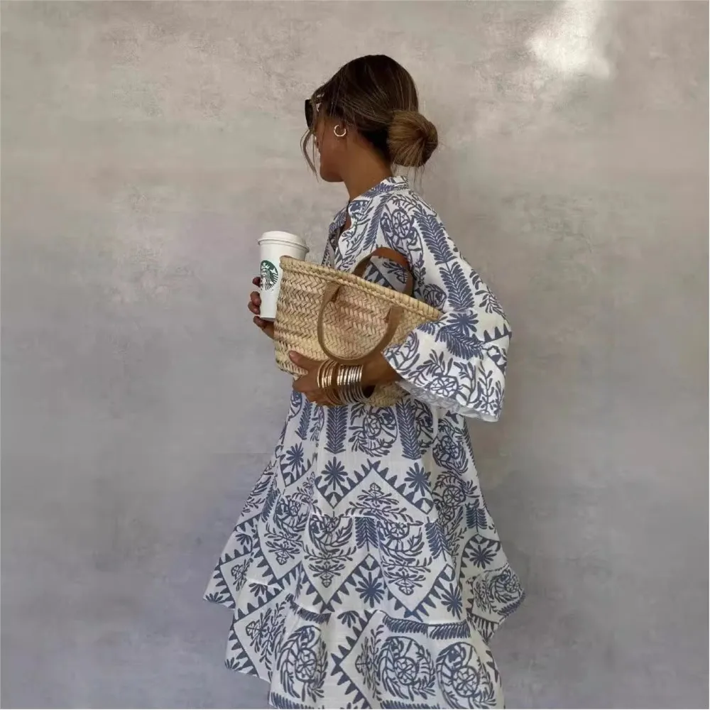 2025 Abito da donna con scollo a V Boho con stampa Abito camicia a trapezio Patchwork Manica a 3/4 Casual Vacanza al mare Abiti con gonna al ginocchio