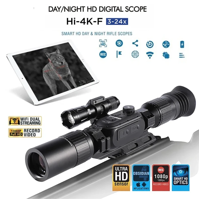 Ultra 4K Digital Night Vision Scope HD Sony Sensor 4 Cores 3-24X Tactical Sight Hunting Smart Night Vision, Weapon Riflescope,