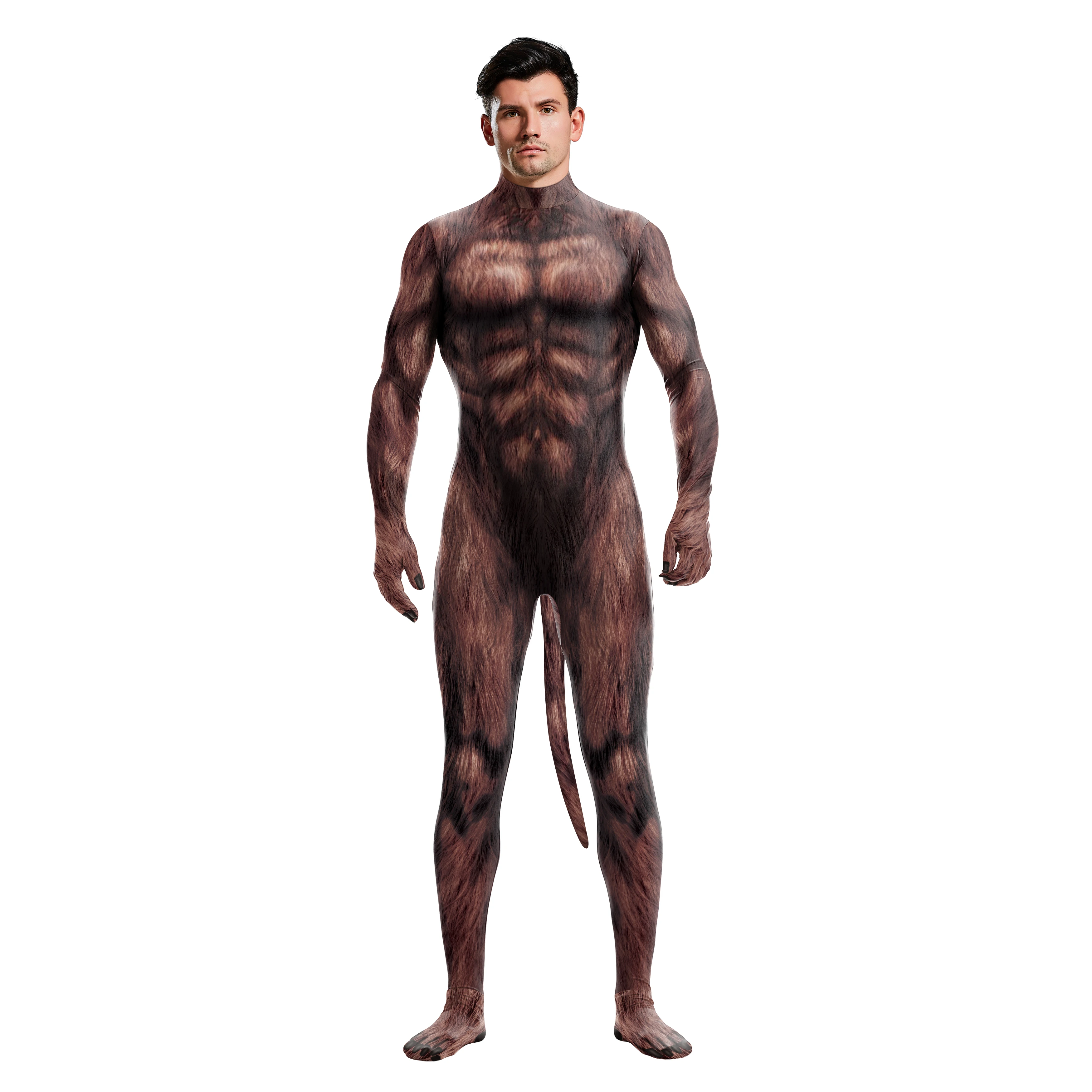 Brown Bear Zentai with Tail Pet Suit Furry 3D Print Cosplay Costume Full Cover Crotch Zipper Jumpsuit Men Zentai Bodysuit