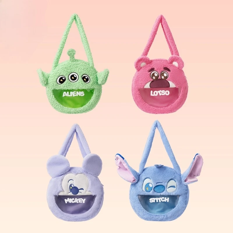 

Disney Strawberry Bear Plush Shoulder Bag Large Capacity Portable Stitch Transparent Sandwich Bag Storage Bag Three-eyed Mickey