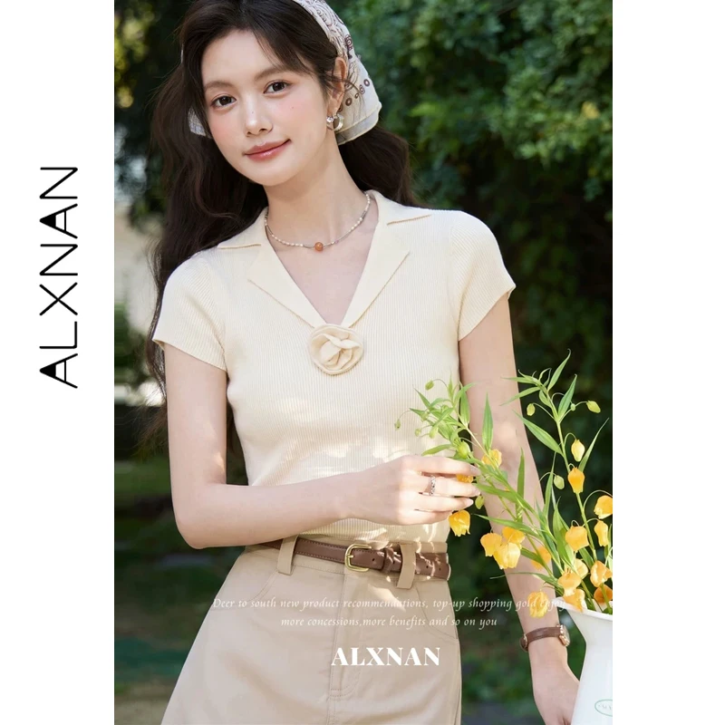 

ALXNAN V-neck T-shirts Polo Collar 3D Flower Design Knitted Fabric Short Sleeve T-shirt 2026 Summer Casual Female Tops L63961A