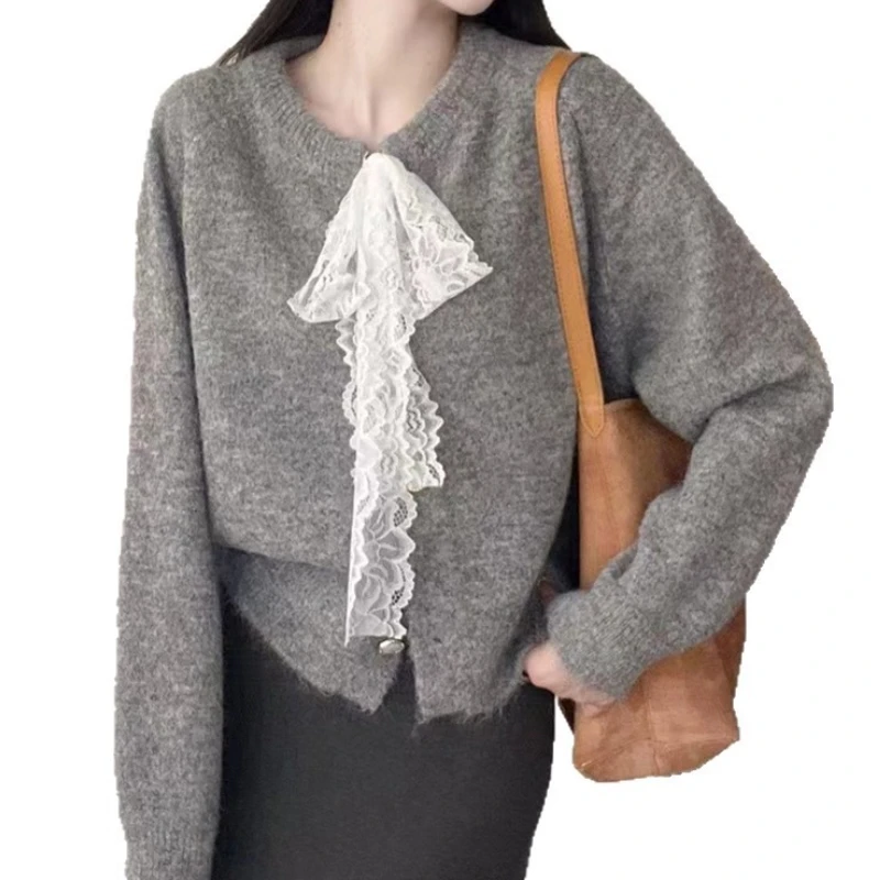 Gentle Wind Lace Lace-up Knitted Cardigan for Women 2025 Autumn and Winter Women's Sweet Solid Color Soft Glutinous Sweater Coat