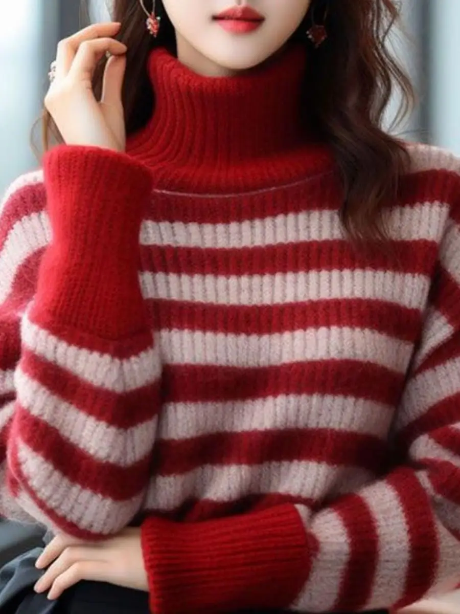 red-and-white-striped-high-collar-sweater-women's-autumn-winter-lazy-sle-retro-feeling-ular-beautiful-this-year-fake-collar