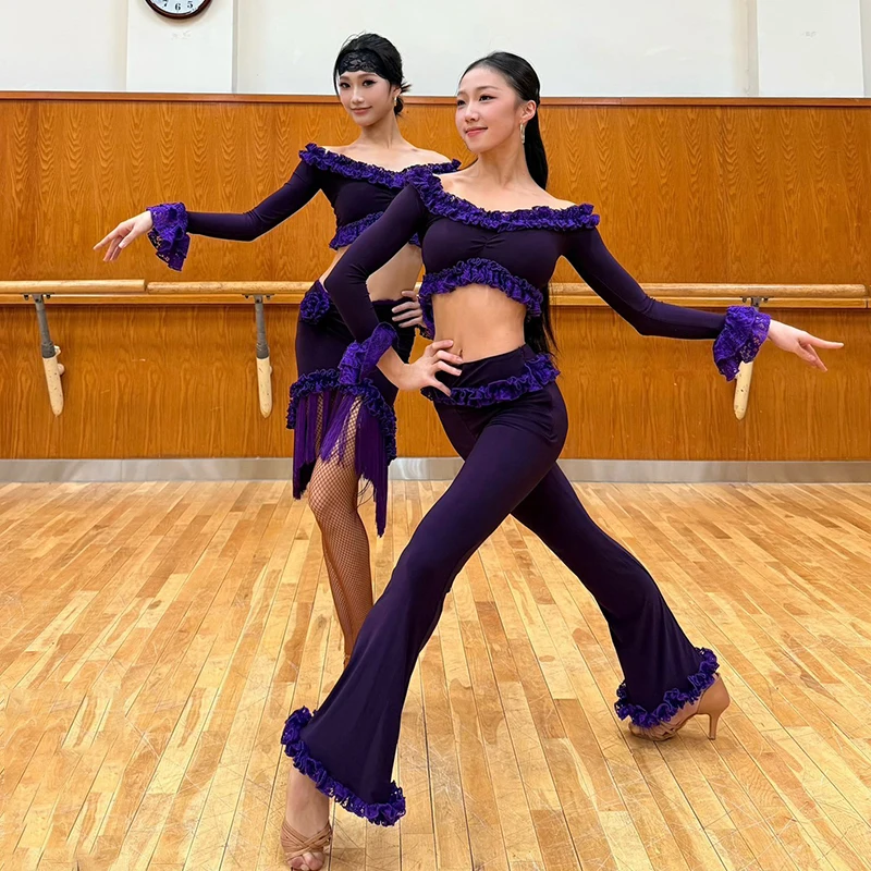 Purple Latin Dance Costume Women Ruffled Tops Skirt Pants Fringe Dance Clothes Cha Cha Ballroom Dance Performance Wear DNV22030