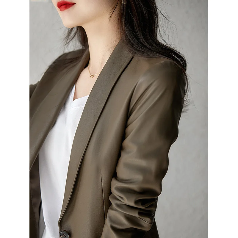 Women\'s Leather Jacket Blazer Femme Sheepskin Single Button Suit Collar Office Chic Fashion Slim Chaqueta De Cuero Para Mujer