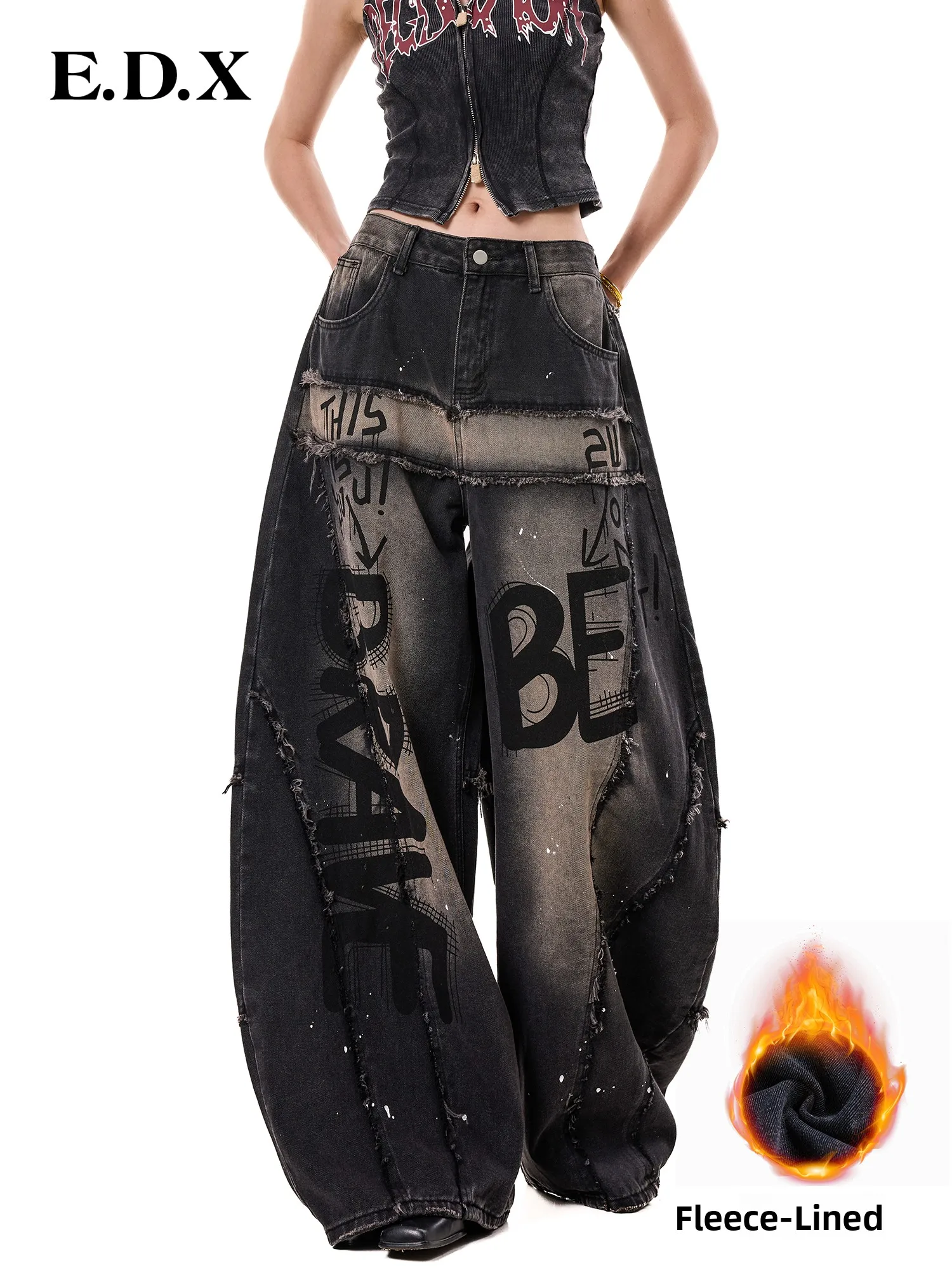 EDX Thickened Fleece Wide Leg Denim Jeans Women's Autumn New Style Distressed Heavy Embroidery Letter Print Cool And Sexy