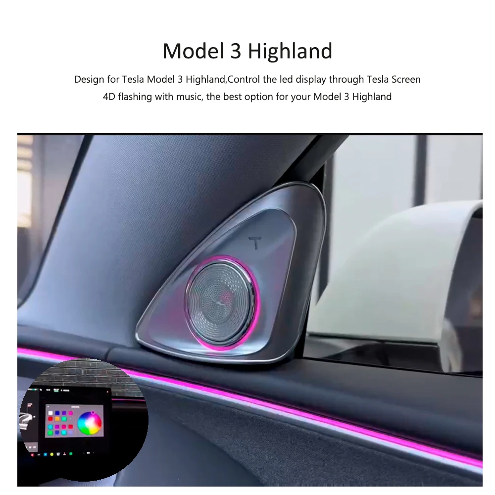 SATONIC Nuovo Arrivo Intelligente Rotante Ambient LED Altoparlante per Tesla Modello Y 3 Highland 3 Musica Turning Lampeggiante Allarme