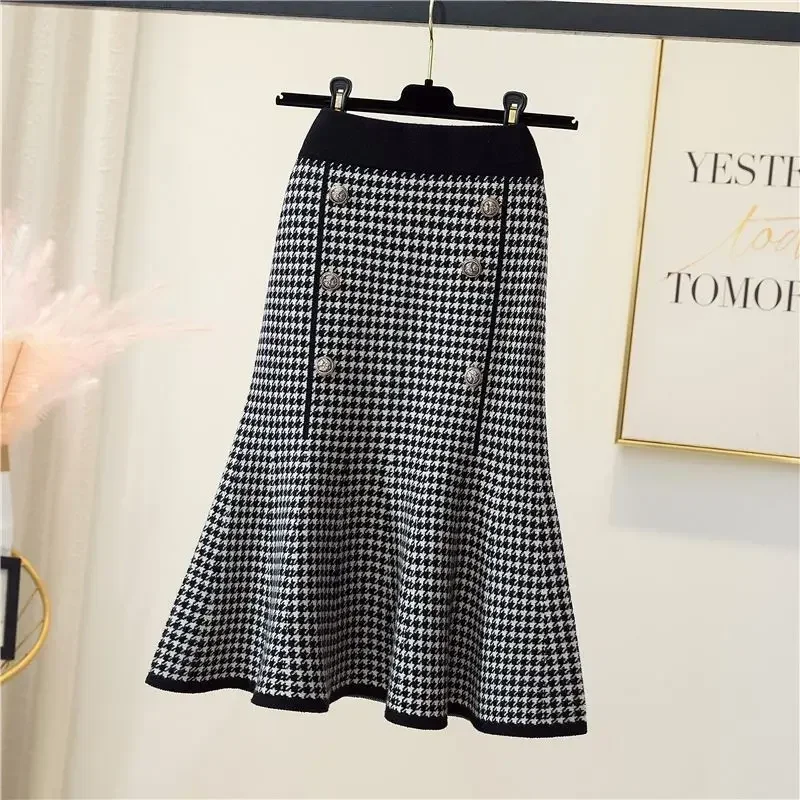 New Fashion Houndstooth Skirt Women Knitted Contrast Color Double-breasted High Waist Wrapped Hip Elegant Skirts Autumn Winter