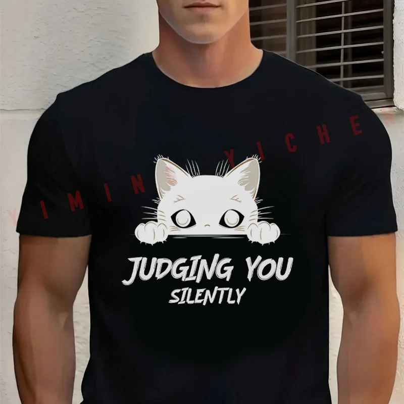 

Men's Summer Cotton T-shirt Silent Judging Cat Graphic Motorcycle Tee Casual Short-sleeve Motorbike Cycling Top