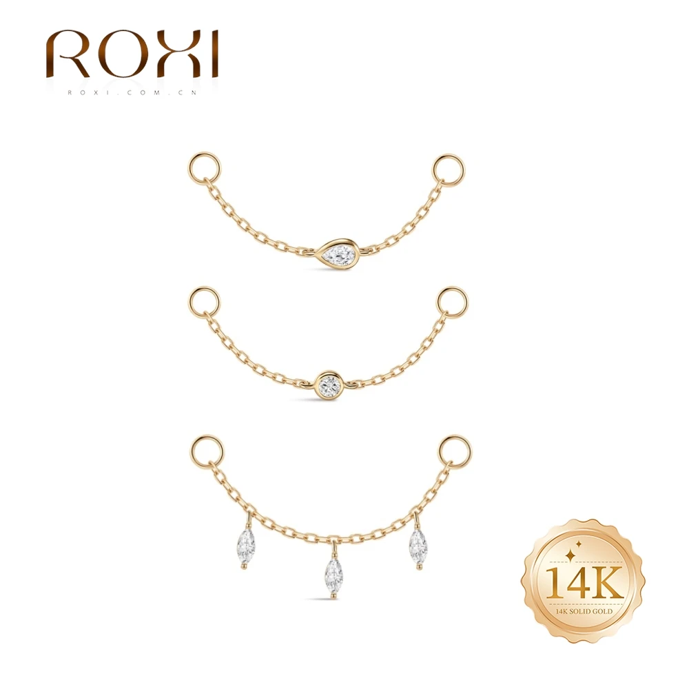 ROXI 1PC 14K Solid Gold Single CZ Chain Tassel Cartilage Piercing Drop Earring Luxury Dainty Ear Jewelry For Women
