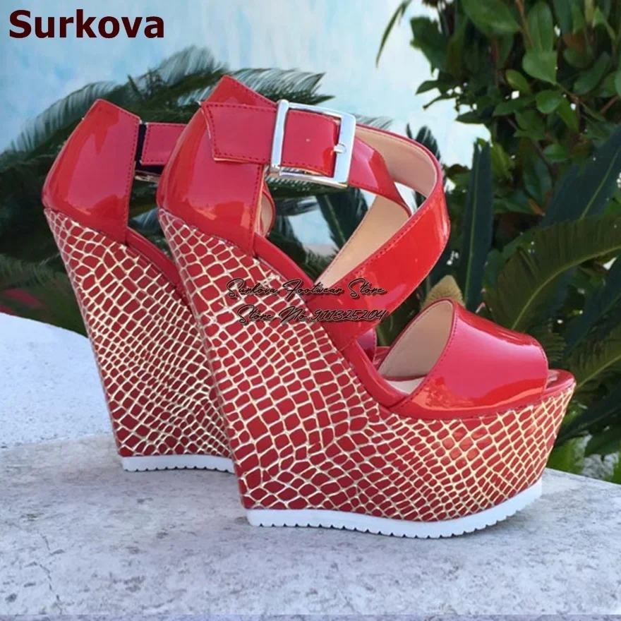Surkova Red Suede Sky High Wedged Heel Sandals Platform Cross Strap Dress Shoes Buckle Open Toe Gladiator Pumps Size46
