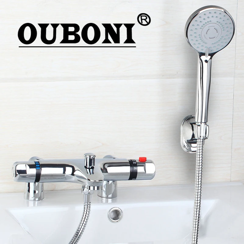 OUBONI Bathroom Faucet Set Chrome Brass Bathroom Bathtub Thermostatic Faucets Cold  Hot Mixer Tap W/ Handheld Showerhead