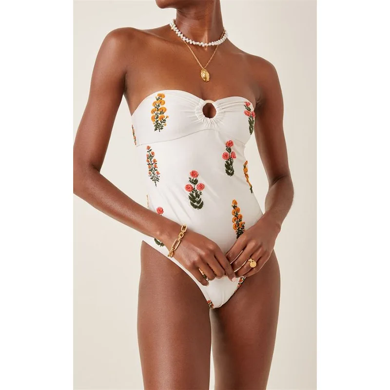 

Summer Ladies One Piece Swimsuit for Women Print Sexy Tube Top Strapless Sleeveless Backless Swimwear Bather Bathing Suit Q245