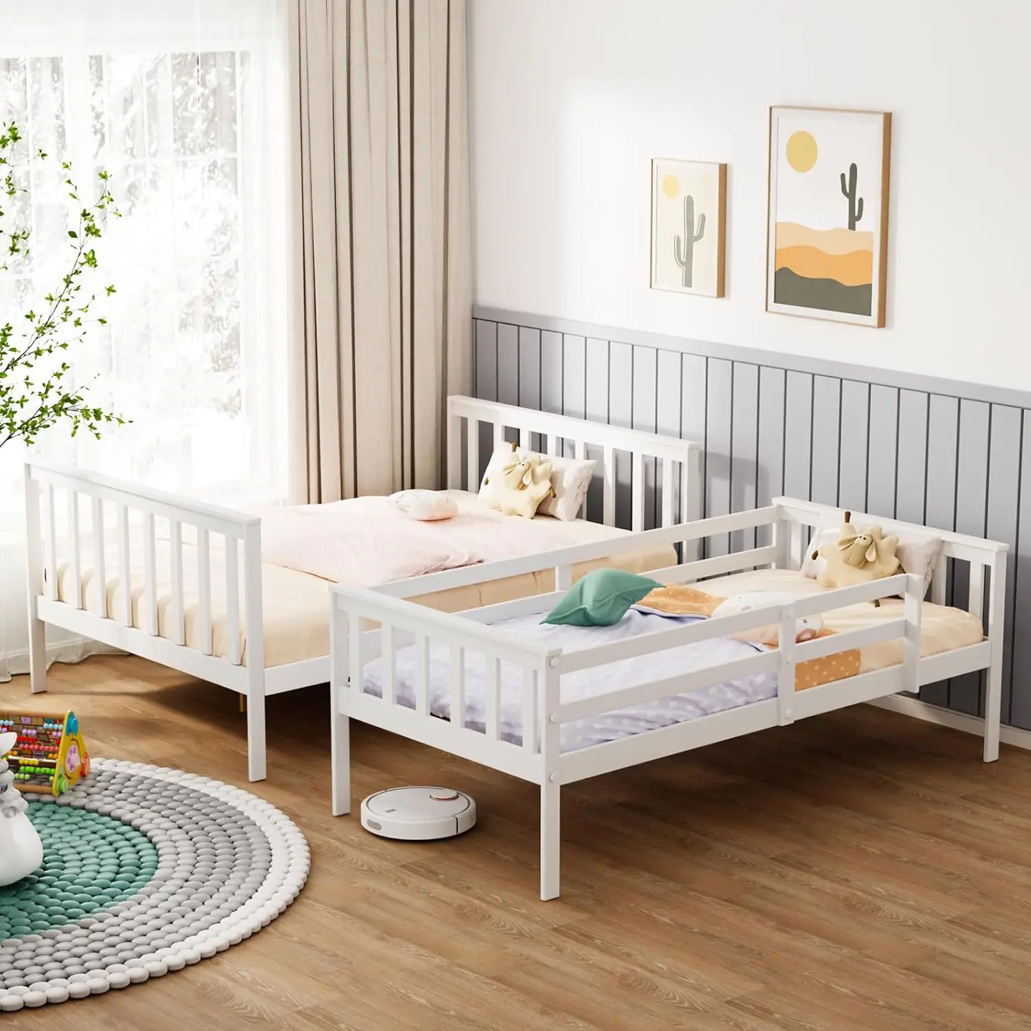 Twin Over Full Bunk Bed, Solid Wood Frame with Ladder & Guard Rail, Space-Saving for Kids Teens (Mattress Not Included)